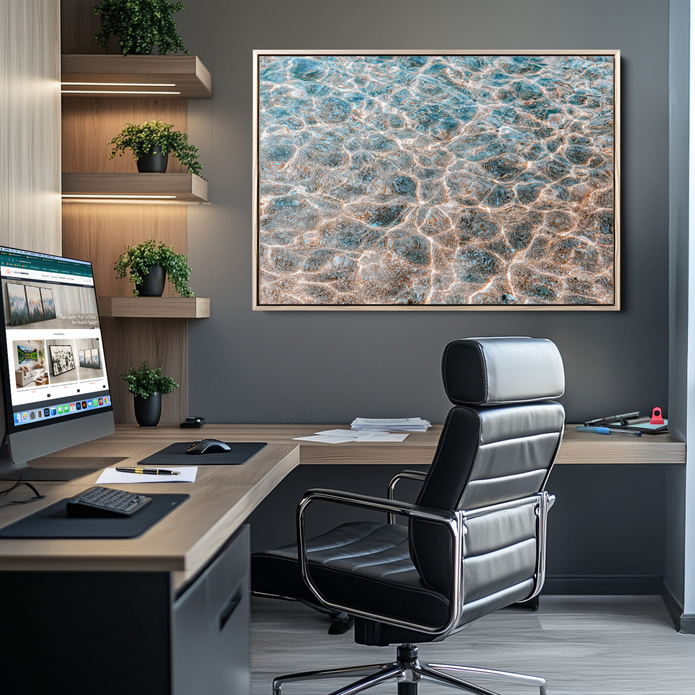 Close-up of sunlit ocean ripples with aqua blue and golden tones, ideal for modern coastal or minimalist home decor.