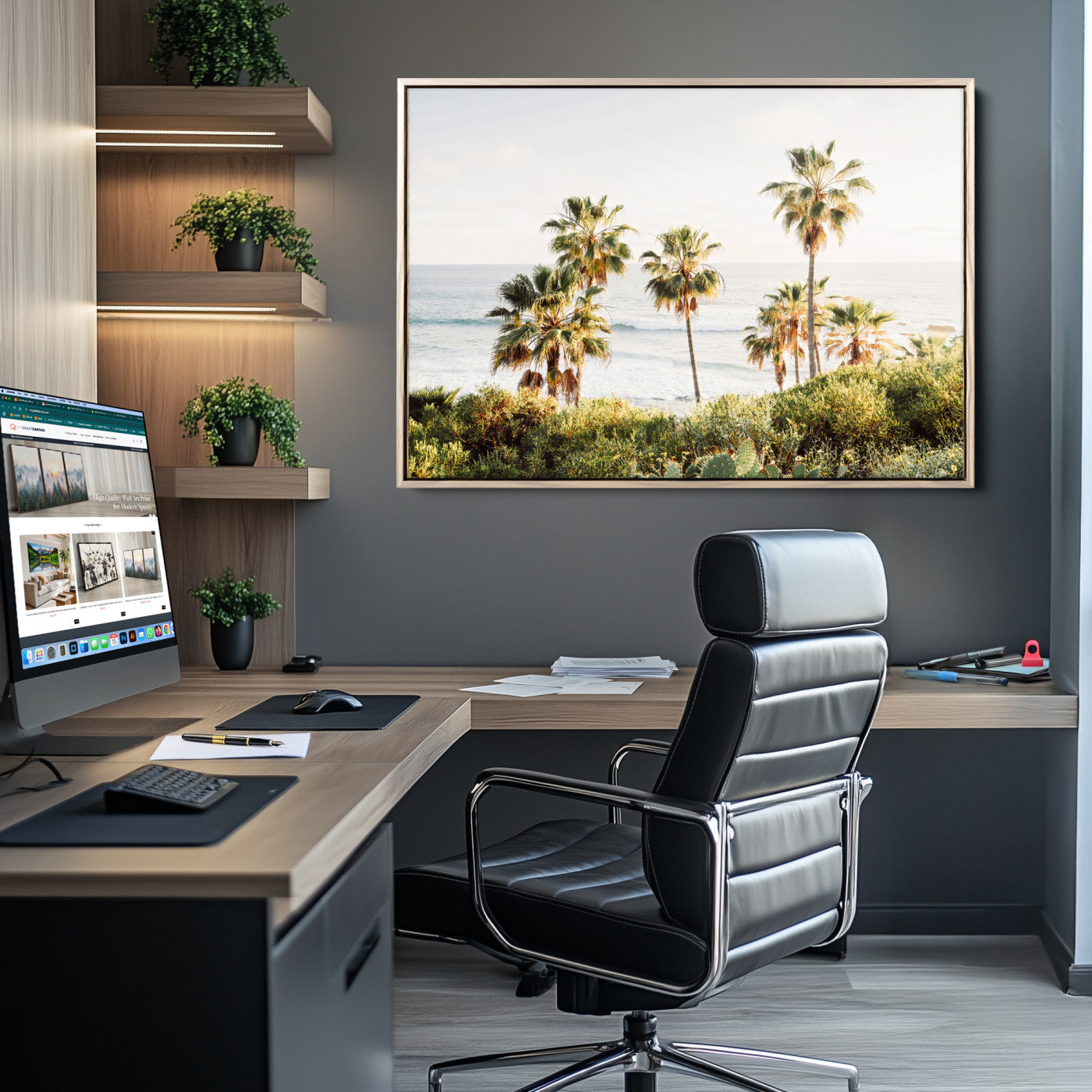 Framed print of sunlit palm trees on the California coast with warm tones, perfect for coastal minimalist or beach-style home decor.