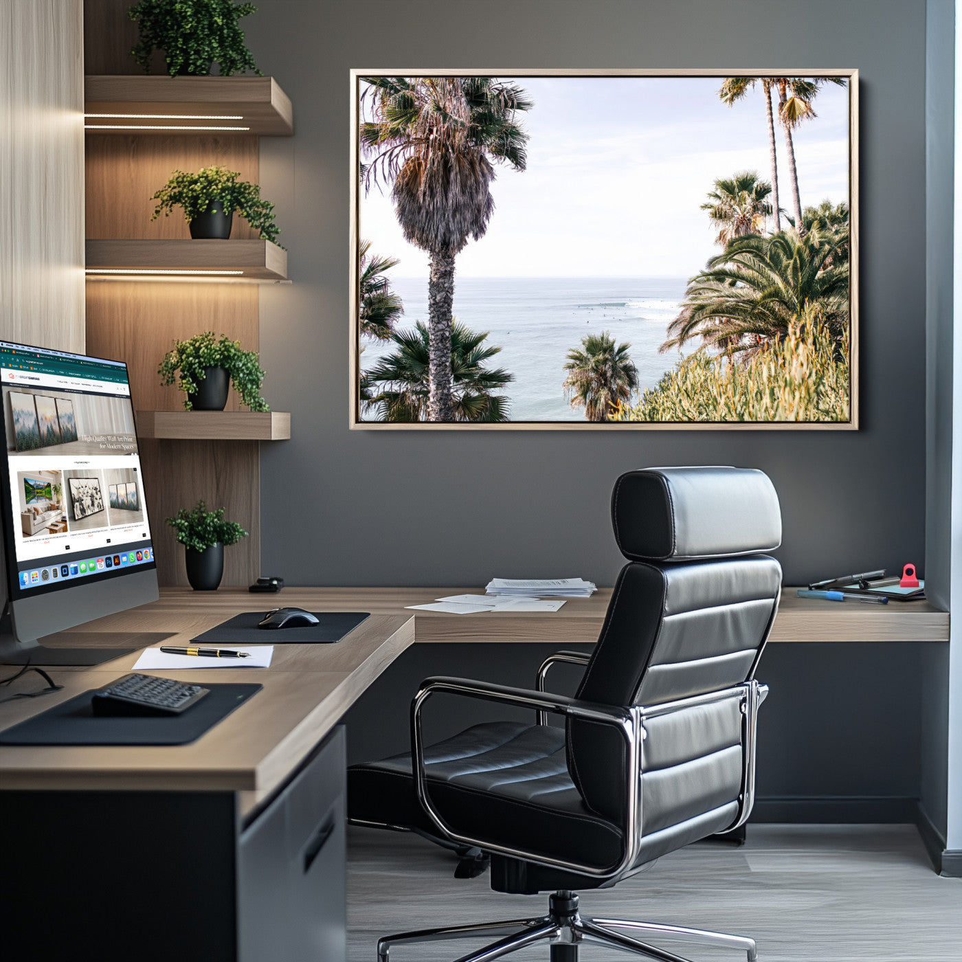 Scenic coastal view with tall palm trees overlooking a calm ocean, soft blue waves, and surfers in the distance, creating a peaceful tropical vibe.