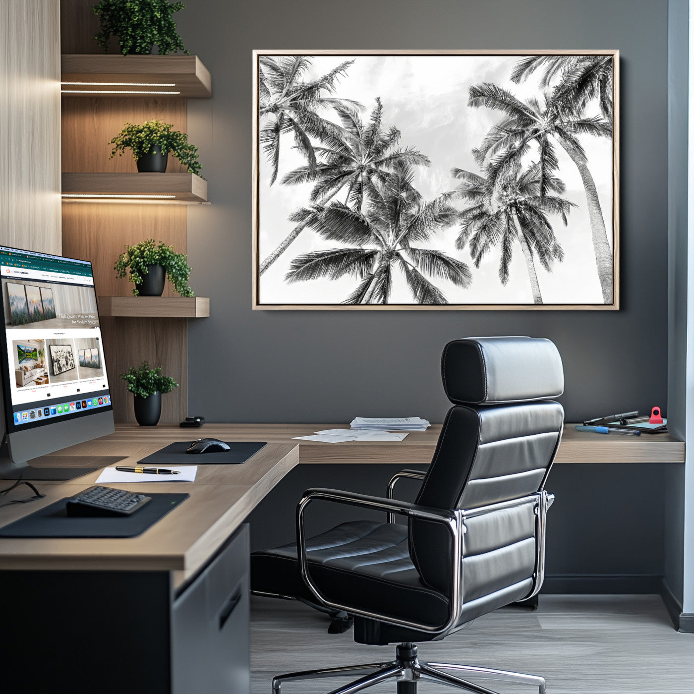 Black and white tropical palm trees viewed from below, swaying gently against a bright sky, creating a serene and elegant coastal atmosphere.
