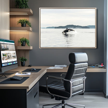 An orca jumping out of calm ocean waters with a misty island in the background, creating a serene and minimalist marine wildlife scene.