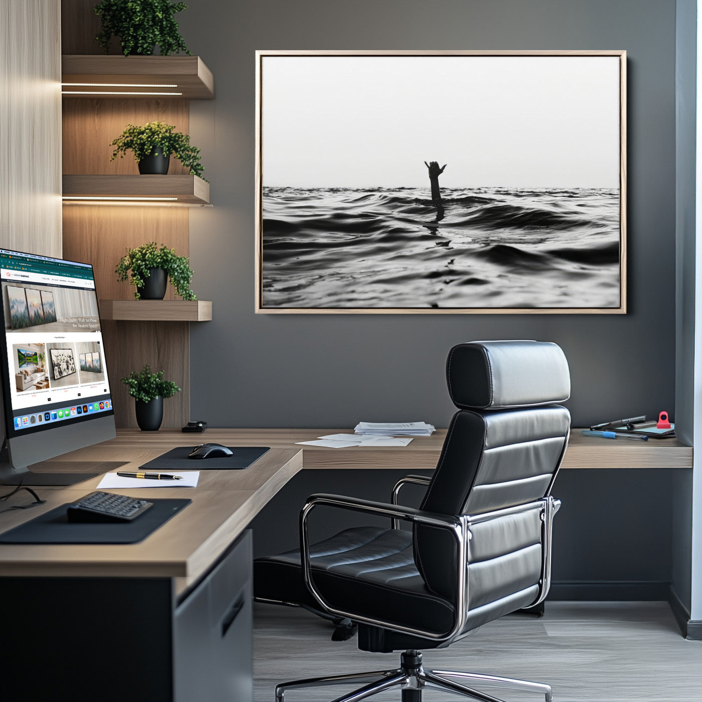 Black and white ocean with a hand making a surfer sign among dark waves, creating a dramatic and minimalist seascape with bold contrast.