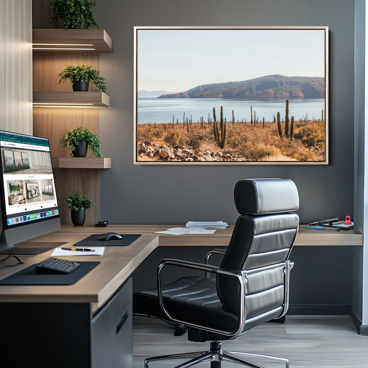 Warm desert landscape with cacti and coastal mountains, perfect for southwestern or earthy calm-themed home wall decor.