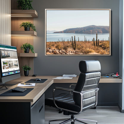 Warm desert landscape with cacti and coastal mountains, perfect for southwestern or earthy calm-themed home wall decor.