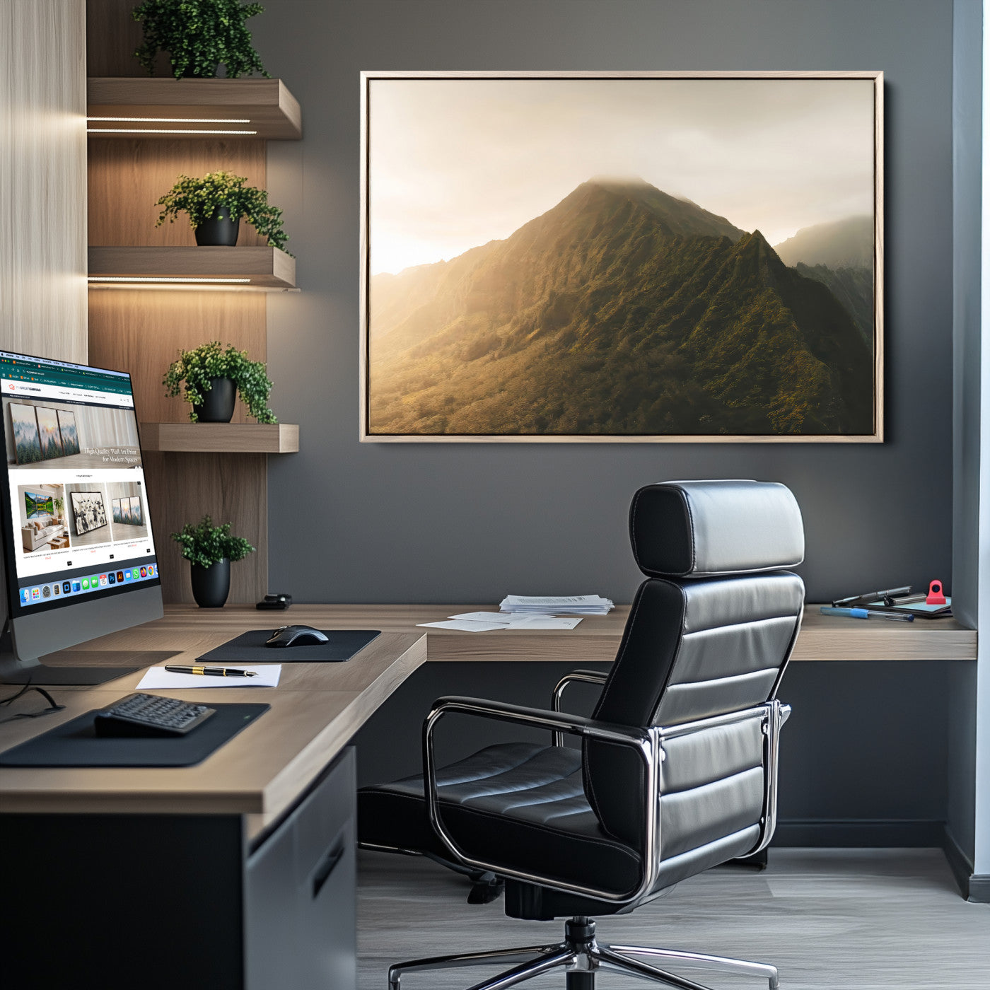 Sunlit mountain peak with mist rolling over its rugged slopes, bathed in golden light, creating a warm and tranquil nature-inspired scene.