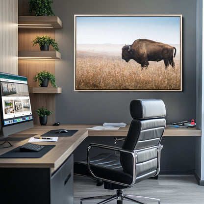 A majestic bison standing in an open prairie field, its strong form blending into the golden grass under a vast blue sky, evoking the wild spirit of the American plains.