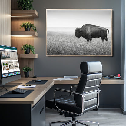 A black and white photograph of a majestic bison standing in a vast grassy prairie, evoking a sense of wilderness and strength.