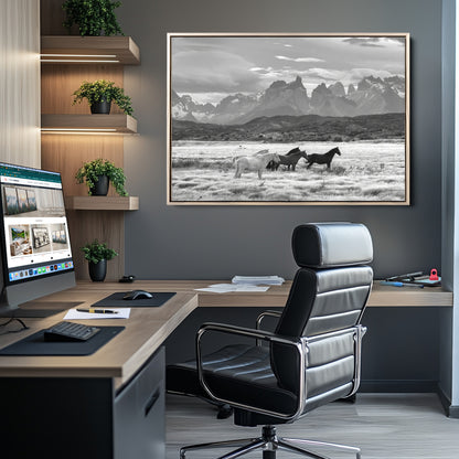 A black and white landscape of wild horses grazing in a vast grassland with towering mountains in the background, creating a moody and rustic western aesthetic.