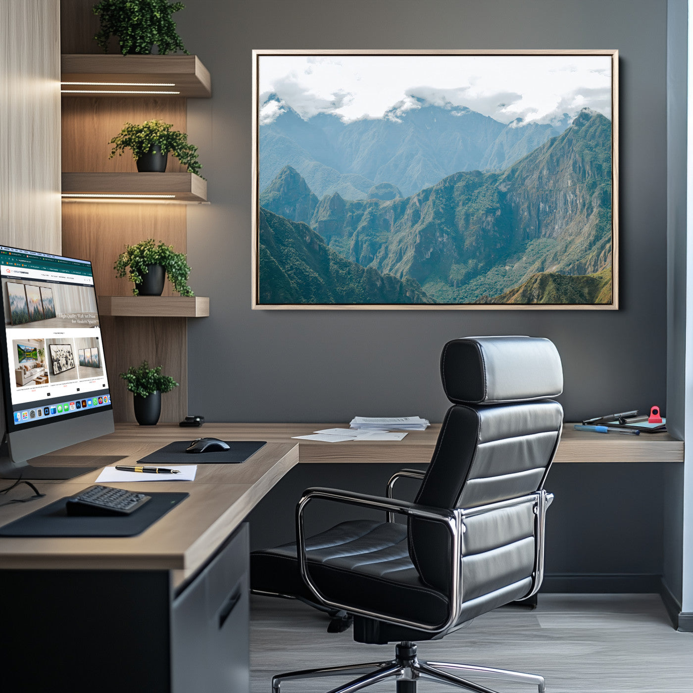 A misty mountain landscape with cloud-covered Andean peaks and lush green valleys, creating a dramatic and serene view, perfect for rustic or nature-inspired home decor.