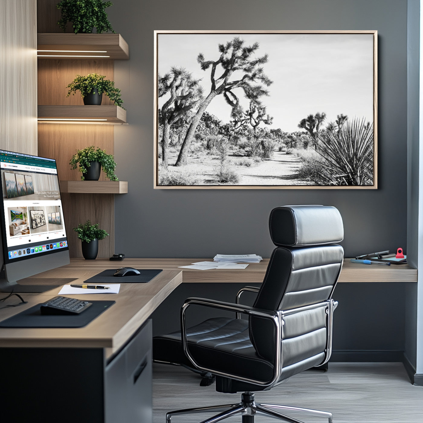 Canvas of a Joshua Tree forest in black and white tones, featuring a desert path and spiky vegetation, ideal for minimalist or rustic decor.