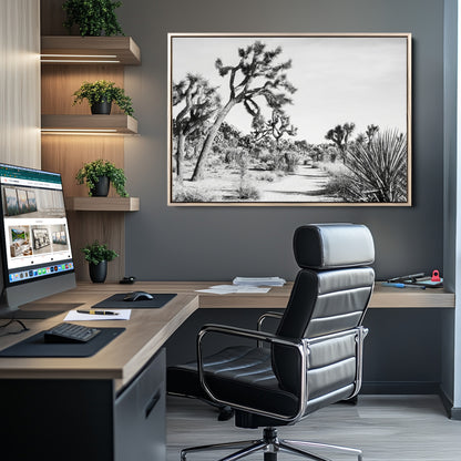 Canvas of a Joshua Tree forest in black and white tones, featuring a desert path and spiky vegetation, ideal for minimalist or rustic decor.