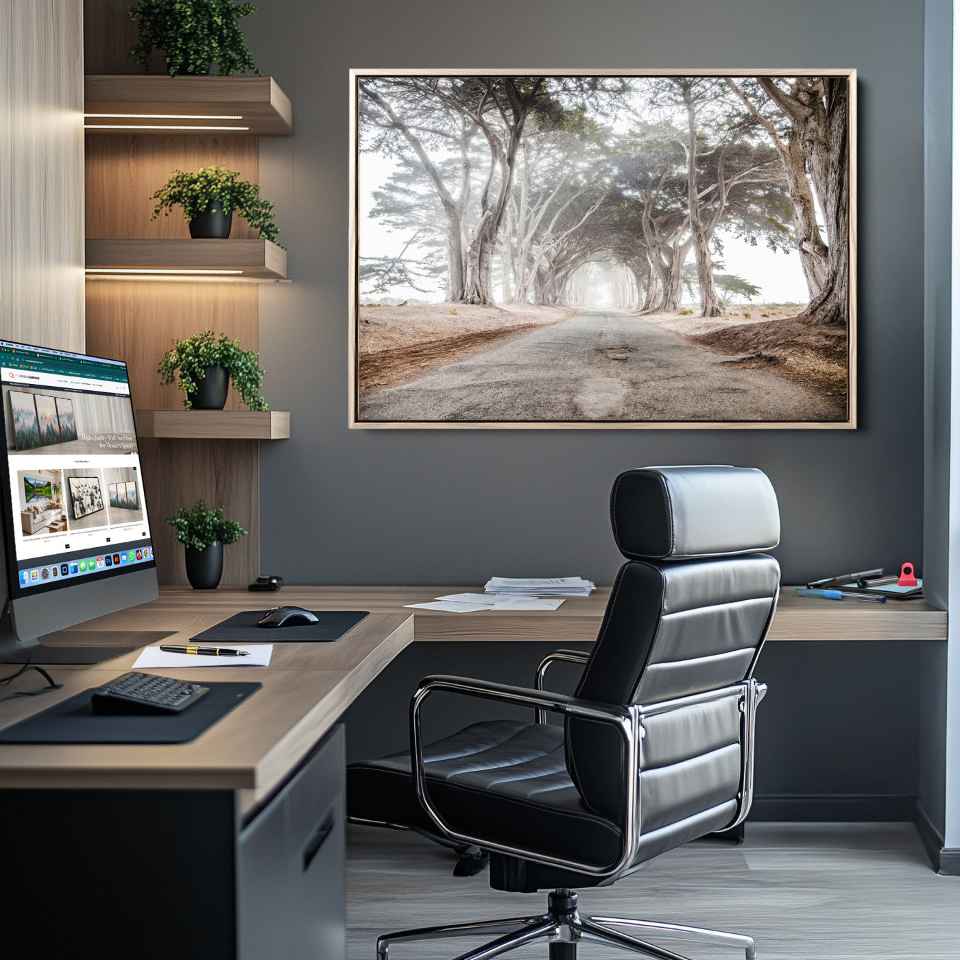 Canvas of a misty tree tunnel with arching cypress trees and an earthy road, ideal for rustic or coastal nature decor.