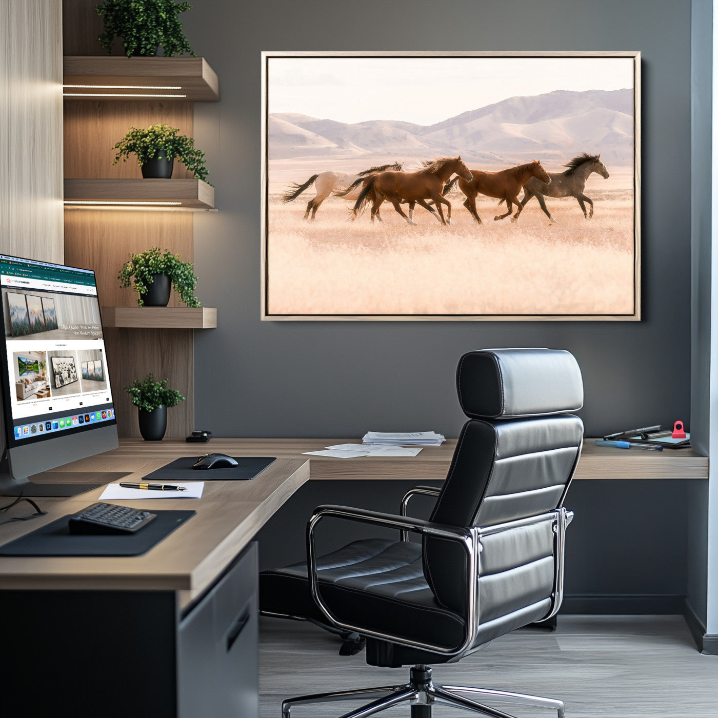 A herd of wild horses galloping through a sunlit desert plain with mountains in the background, perfect for rustic or western-themed wall decor.