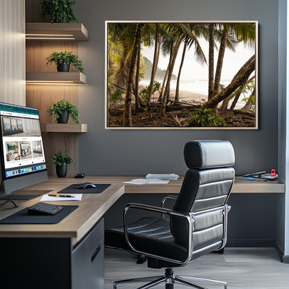 Dense tropical palm trees framing a sandy beach and ocean shore, ideal for jungle or coastal themed interior wall decor.