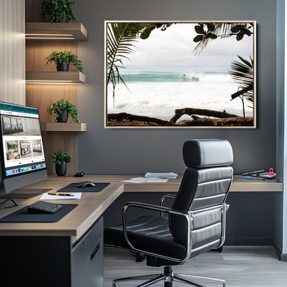 Tropical beach view with palm trees and surfer riding a wave, perfect for boho or coastal-inspired interior wall decor.