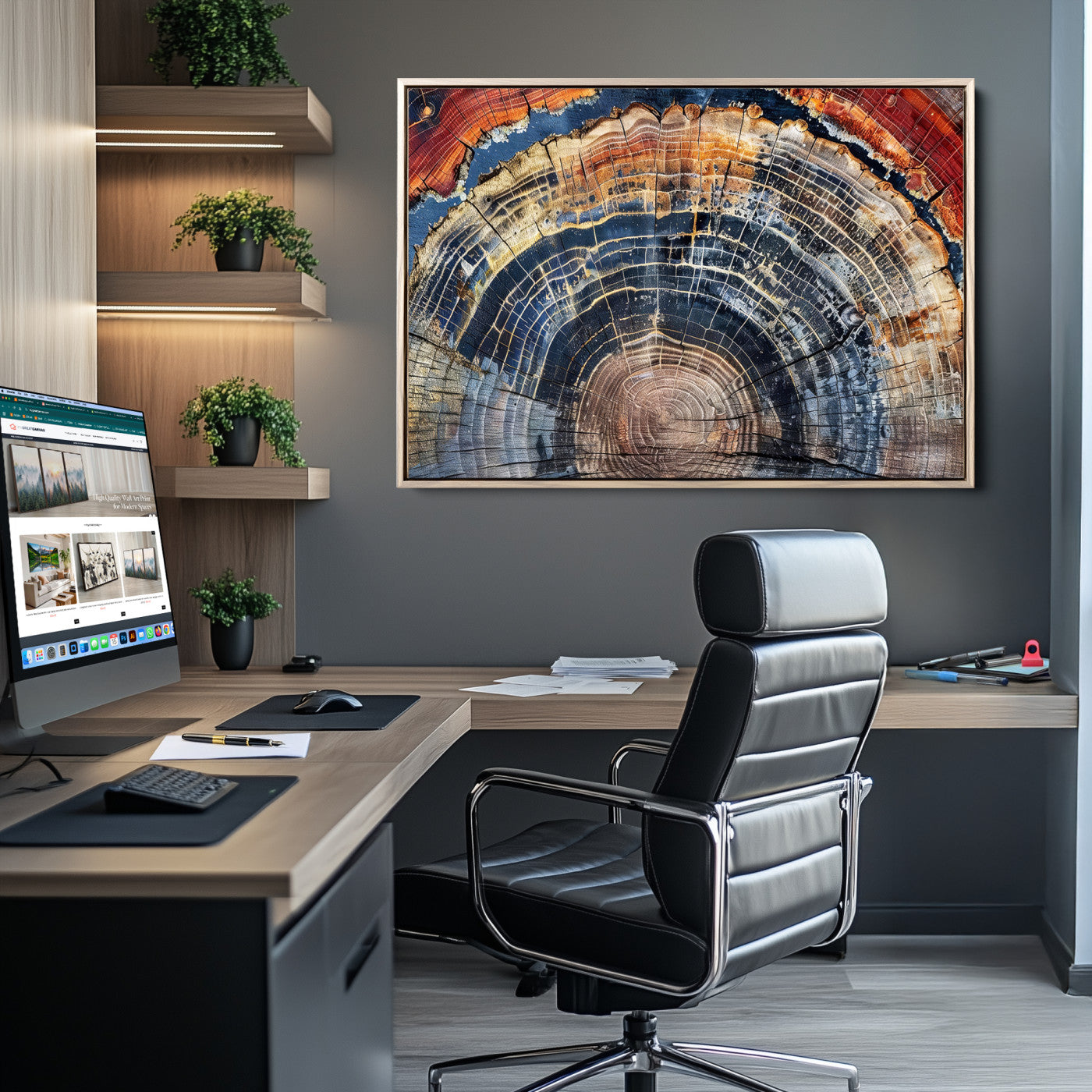 Vibrant tree ring with orange, brown, and blue tones in abstract detail, perfect for rustic or boho-inspired wall decor.