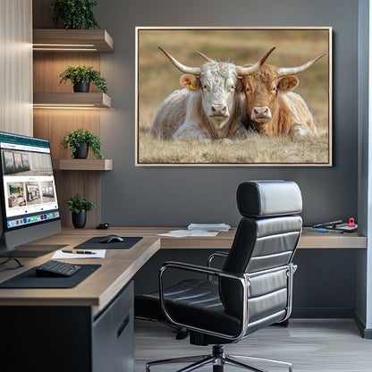 Two cows laying closely in a dry grassy field, captured in soft light, perfect for rustic farmhouse or western style home decor.