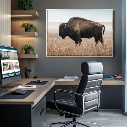 A lone bison stands in a vast prairie under a soft sky, evoking freedom and rustic charm for western or farmhouse inspired interiors.