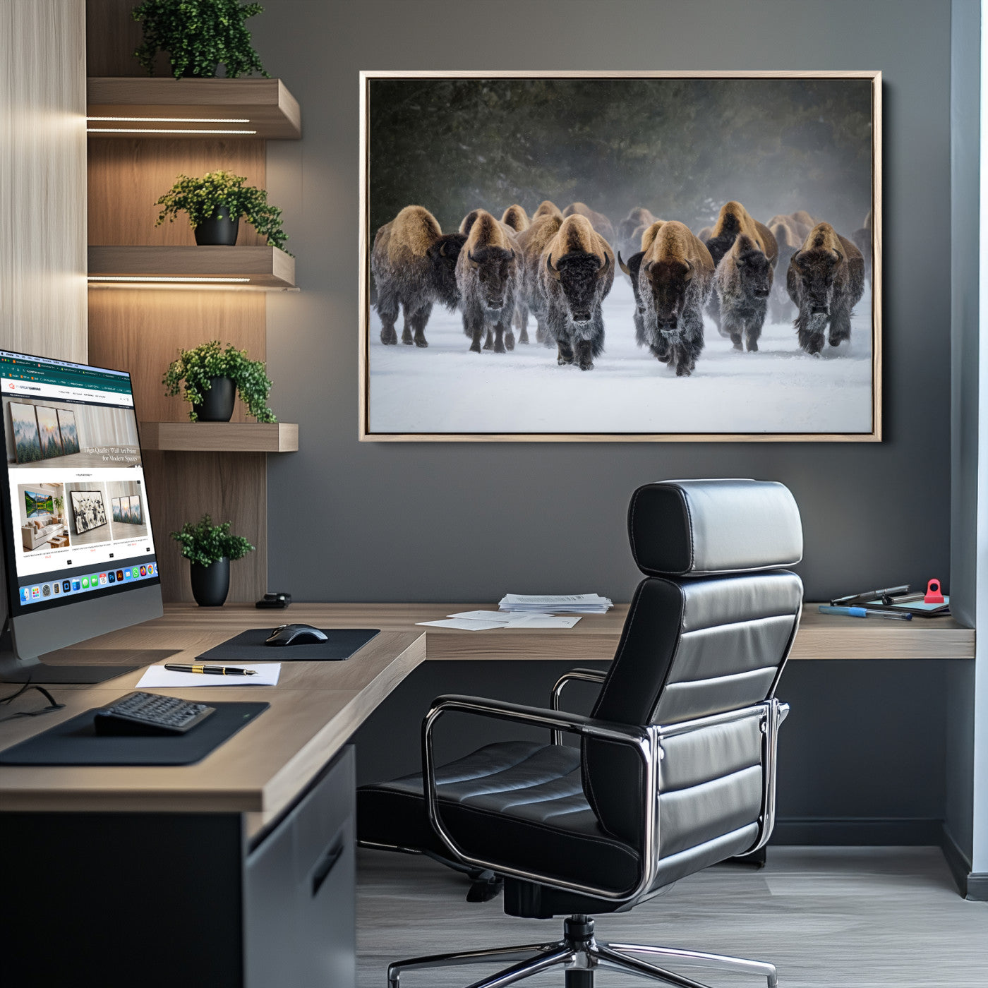 A herd of American bisons walking through deep snow in a forest, evoking a powerful rustic wilderness mood for western-style interiors.