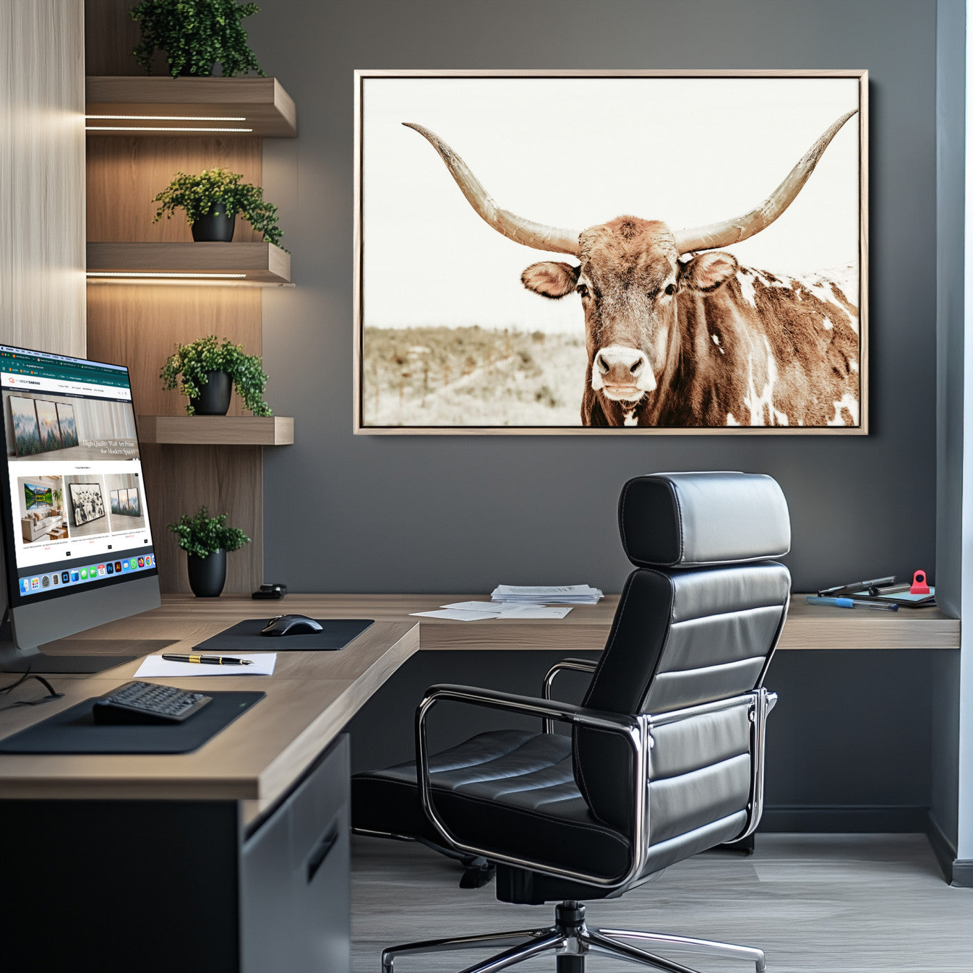 A Texas longhorn bull with wide horns, standing in a dry field under soft light, ideal for rustic farmhouse or western-themed interiors.