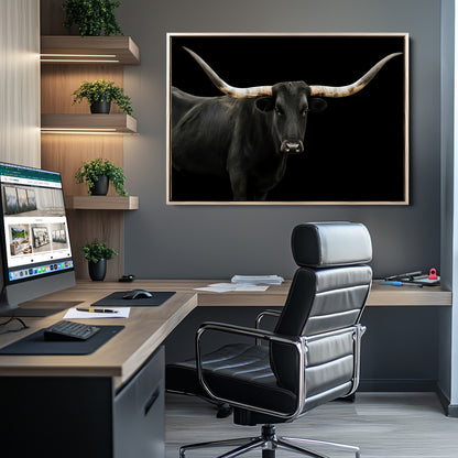 Close-up of a black Texas longhorn with large curved horns on black background, ideal for rustic farmhouse or modern western interiors.