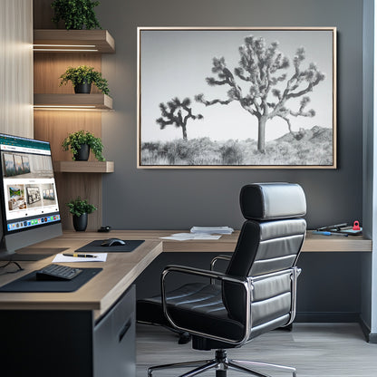 Black and white Joshua tree in a desert landscape with soft light and dry brush, perfect for rustic or minimalist home decor.
