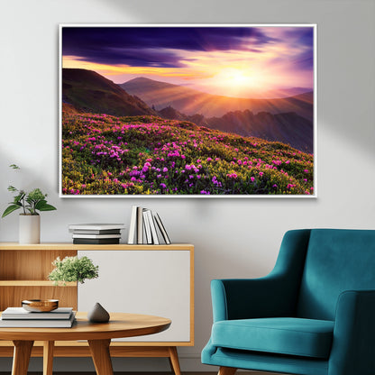 -Mountain Sunrise Wall Art – Vibrant Floral Landscape Canvas Print, Nature Home Decor for Living Room, Bedroom Office or Cabin
