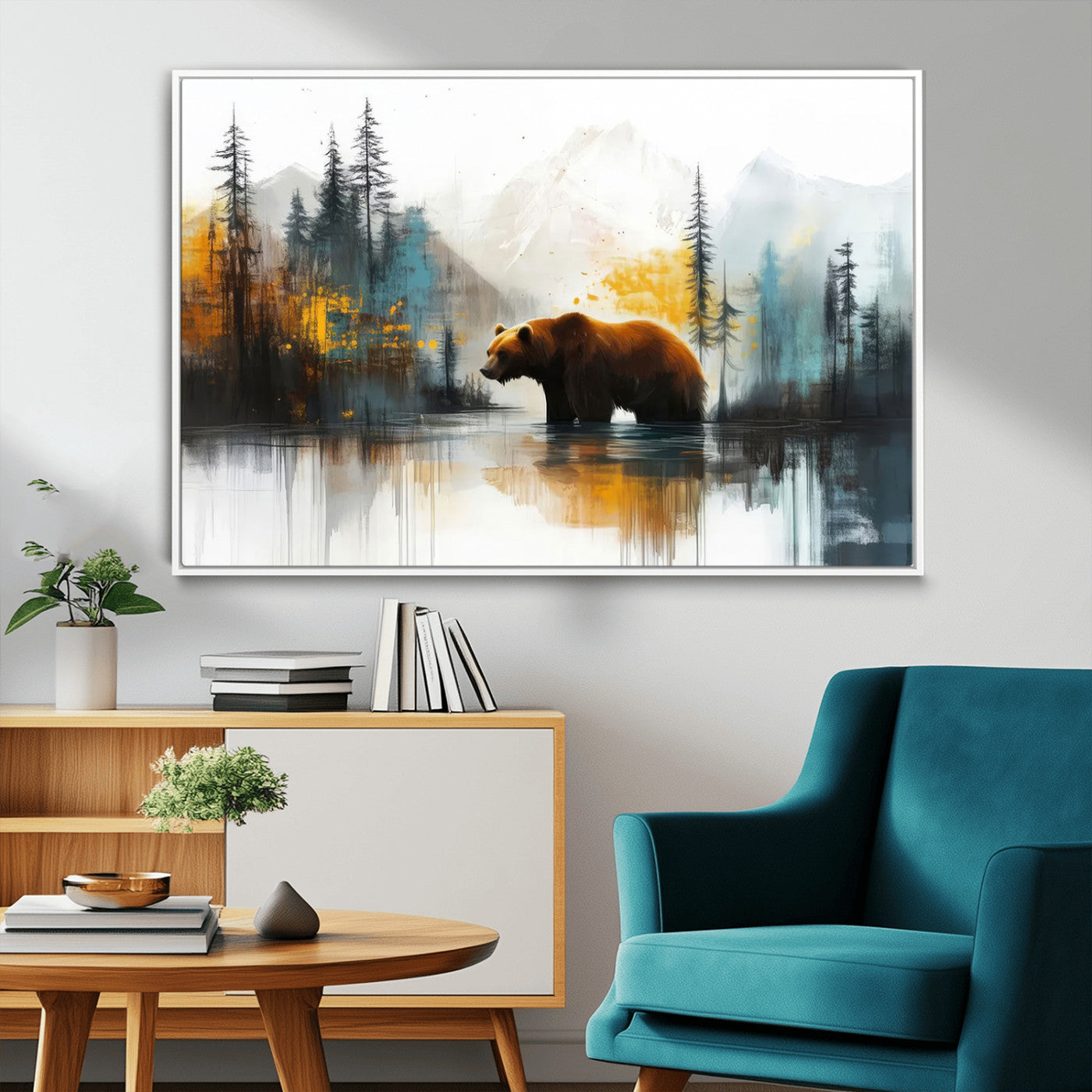 A majestic bear stands by the serene waters of a misty forest, surrounded by towering trees and distant mountains, evoking the raw beauty and wild spirit of nature.