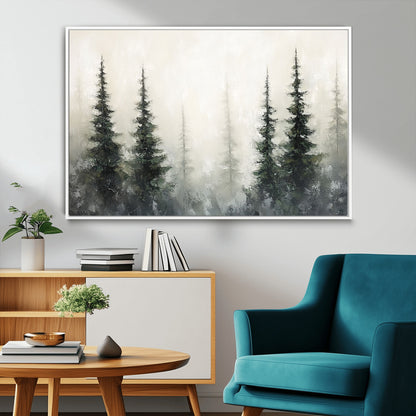 Soft and misty pine forest painting in neutral earthy tones, ideal for calm woodland or minimalist rustic home decor.