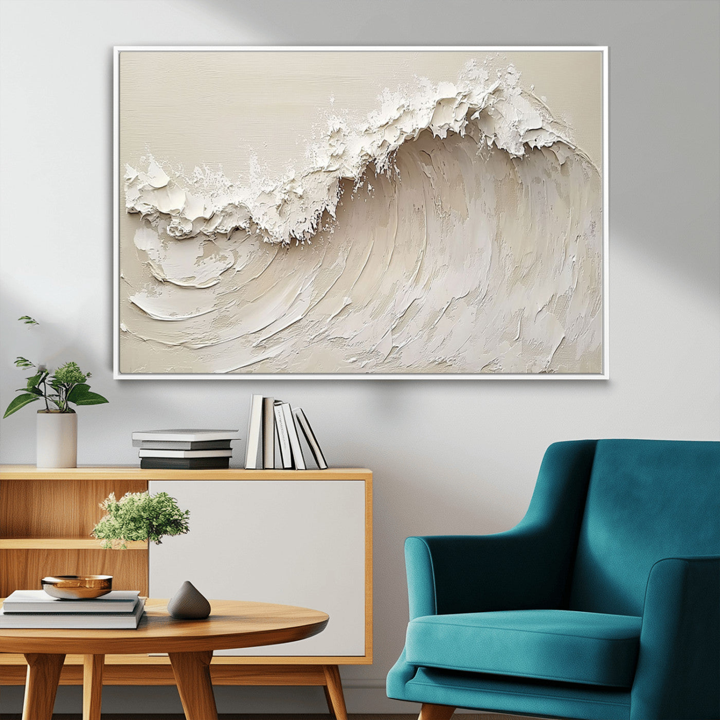 Textured canvas of an abstract white ocean wave in neutral tones, ideal for modern coastal or minimalist home decor.