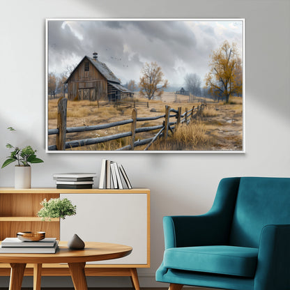 A tranquil rural scene featuring a rustic barn, overcast skies, and golden fields with scattered trees, evoking a sense of peaceful solitude in nature.