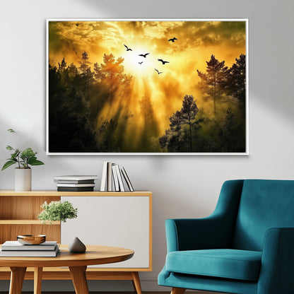 Canvas of a golden forest at sunset with birds flying through glowing sunbeams and silhouetted pine trees, ideal for warm-toned rustic decor.