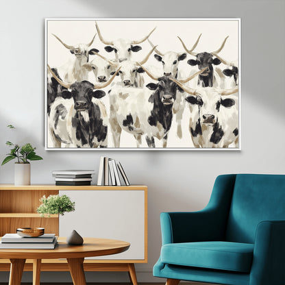 Canvas of a Texas Longhorn cattle herd in neutral black and white tones, ideal for rustic farmhouse or western-themed decor.
