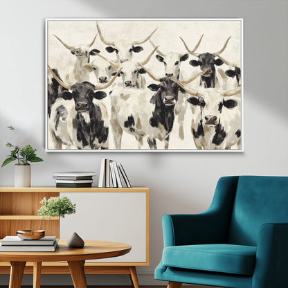 Canvas of a Texas Longhorn cattle herd in neutral black and white tones, ideal for rustic farmhouse or western-themed decor.