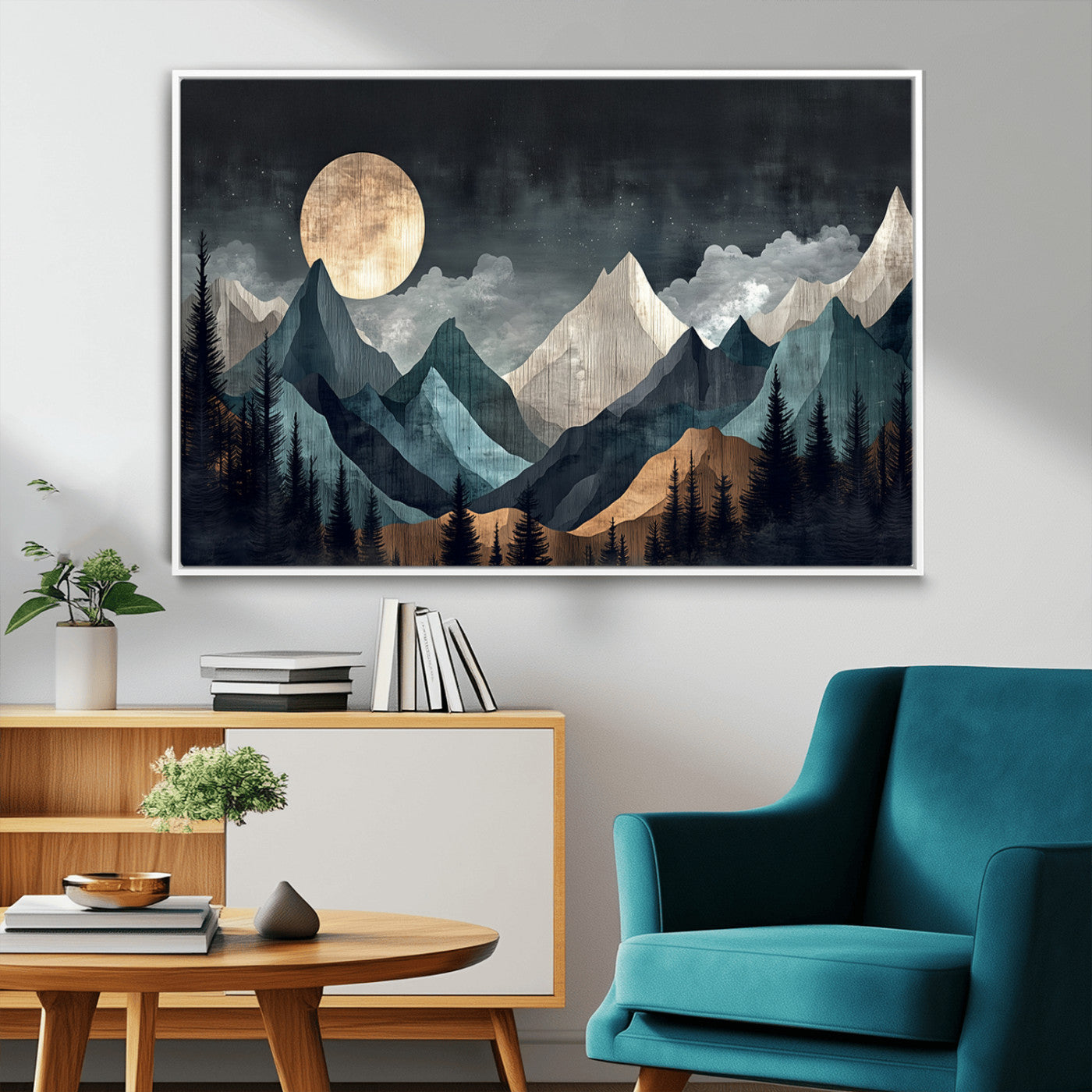Stylized canvas of layered mountains under a full moon in neutral moody tones, ideal for nature-inspired or modern rustic interiors.