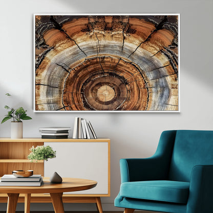 Canvas of tree rings and natural wood grain in earthy tones, ideal for rustic or vintage-inspired home decor with organic textures.