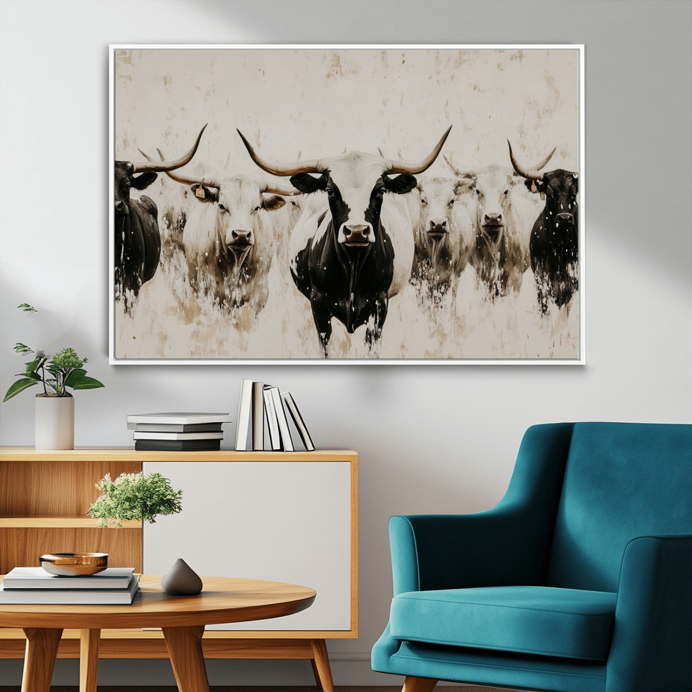 Illustrated herd of longhorn cattle in black and white tones with a neutral textured background, perfect for rustic or farmhouse-style decor.