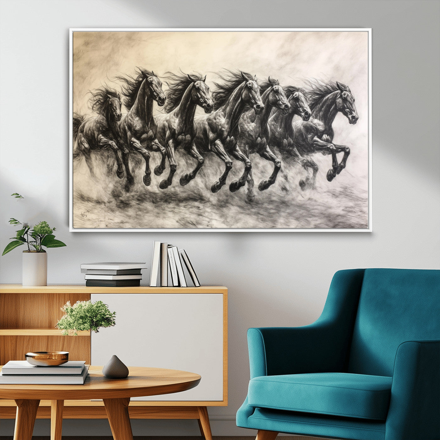 Monochrome drawing of a herd of galloping horses, perfect for dynamic and wild-themed decor in any equestrian or nature-inspired room.