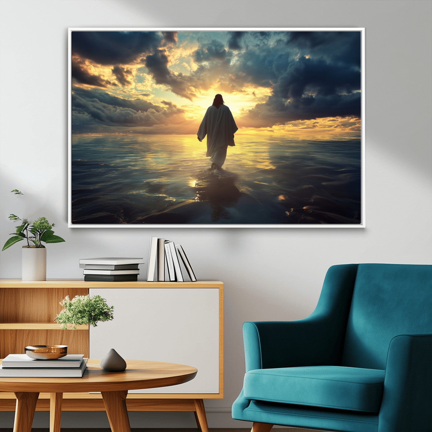 Spiritual artwork of Jesus walking on water at golden hour with divine light, ideal for Christian home decor or prayer room.