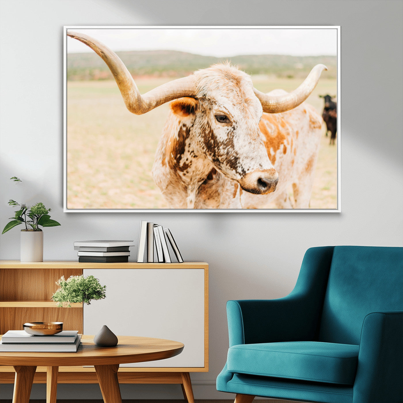 Close-up of a speckled Texas Longhorn in warm prairie tones, perfect for rustic western or countryside-themed room decor.