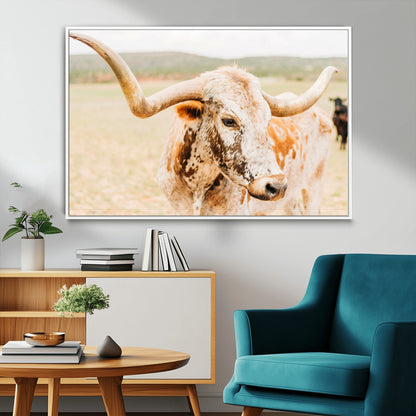Close-up of a speckled Texas Longhorn in warm prairie tones, perfect for rustic western or countryside-themed room decor.