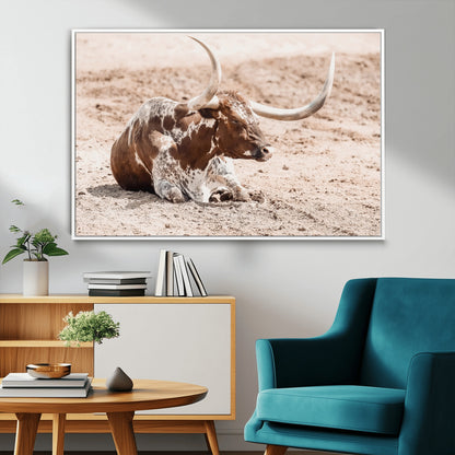 Texas Longhorn bull resting on dusty ground with warm tones, ideal for rustic western or farmhouse-themed wall decor.