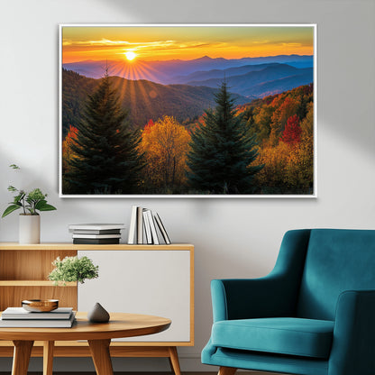 Vibrant sunset over autumn mountains with colorful trees and warm light, ideal for nature lovers or cabin-style wall decor.