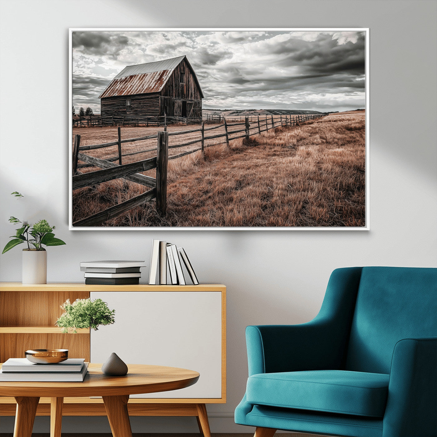 Framed canvas of a rustic barn under a moody sky with weathered fence and dark fields, ideal for farmhouse or rural-style wall decor.