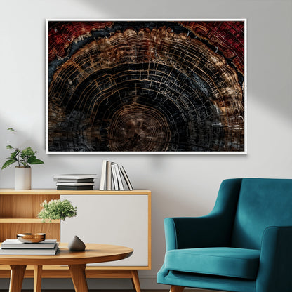 Dark Wood Wall Art Print - Petrified Tree Canvas Print, featuring an intricate tree ring pattern with deep earthy tones and organic textures, perfect for rustic and nature-inspired decor.