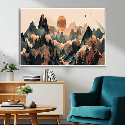 Mountain Landscape Wall Art Print - Sunset Hills Canvas Print, featuring an abstract nature scene with earthy tones and misty peaks, perfect for boho and modern decor.