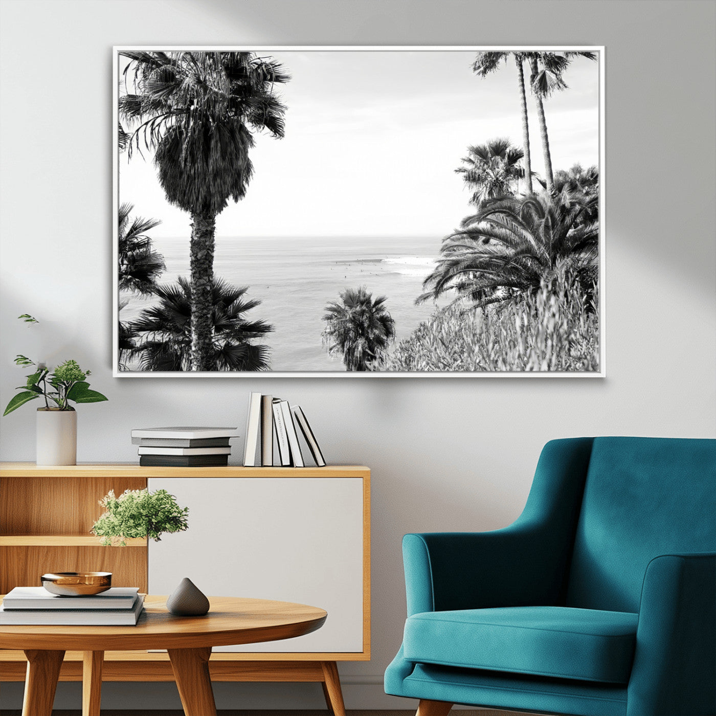 Monochrome canvas of palm trees framing a coastal surf scene, perfect for California-inspired or retro black-and-white beach decor.