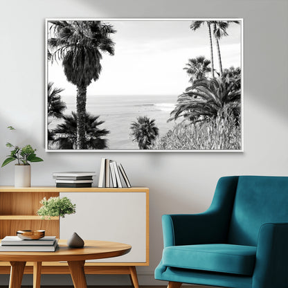 Monochrome canvas of palm trees framing a coastal surf scene, perfect for California-inspired or retro black-and-white beach decor.