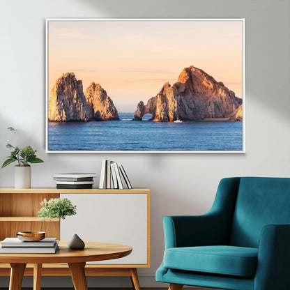 Framed canvas of El Arco rock formation in Cabo San Lucas at golden hour, ideal for coastal landmark or ocean-inspired decor.