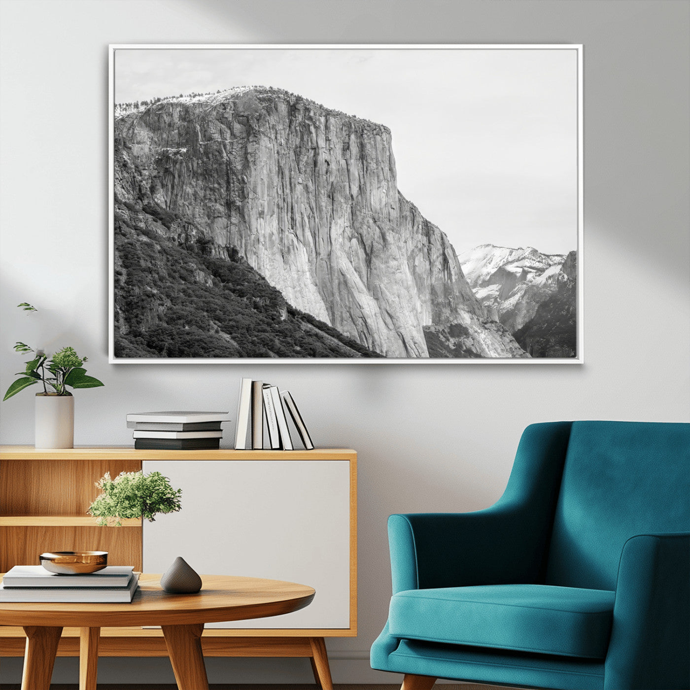 Monochrome canvas of El Capitan’s granite wall in Yosemite with snowy peaks, ideal for dramatic mountain or black-and-white nature decor.